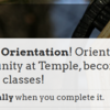 Screenshot of a checklist for new Temple University students with tasks related to enrollment deposit confirmation, university communications via TUmail, and orientation session selection, against a blurred backdrop of the university's academic building.